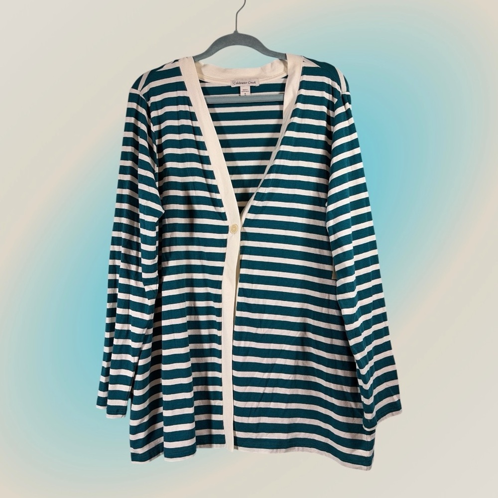 Coldwater Creek Cardigan Shirt Preppy Teal Womens Sz XL Open Striped Cotton NWT